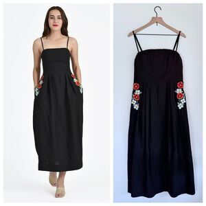 NEW Fanm Mon Women's Michou Floral Embroidered Midi Dress in Black Size M